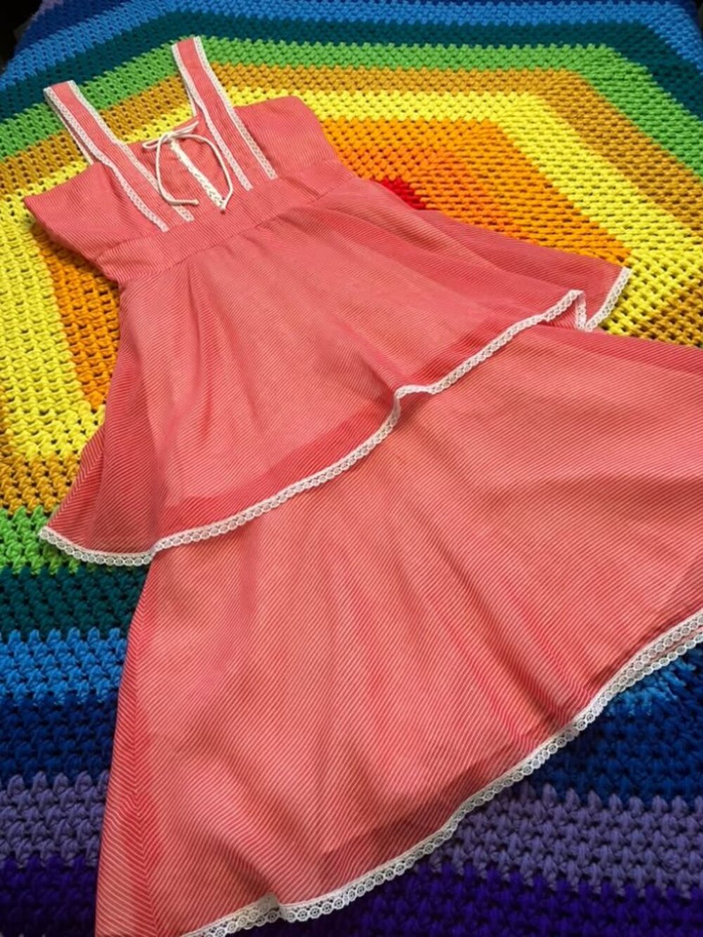 70's Vintage This is Yours San Francisco Red White Stripe Prairie Sundress Dress
